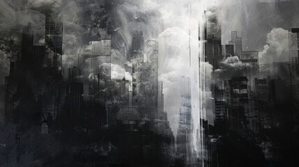 Naklejka premium Abstract city, black building in the center of the composition has a radiance of light