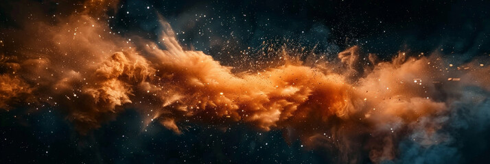 Fototapeta premium close up of an explosion in space, dark background, dust and smoke, Colorful explosion of dust and particles in blue and orange, creating a vibrant and dynamic scene with contrasting colors and intric