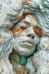 Female Face Made from Topographic Maps and Map Contour Lines extreme closeup. Generative AI