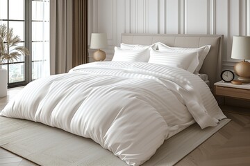 room interior comfortable bed, white sheets and pillows