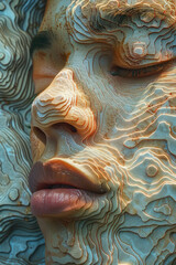 Female Face Made from Topographic Maps and Map Contour Lines extreme closeup. Generative AI