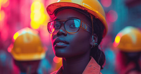 Portrait of a Beautiful Female Engineer in a Yellow Hard Safety Hat extreme closeup. Generative AI