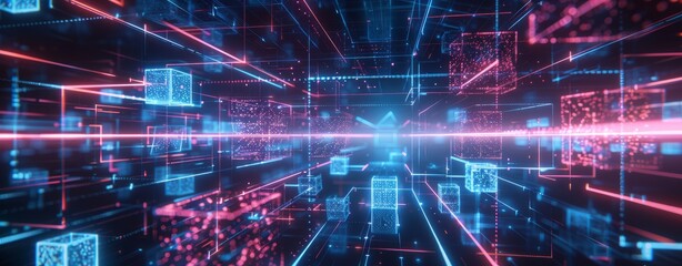 An abstract representation of software bots navigating through a maze of tasks, showcasing RPA's problem-solving capabilities