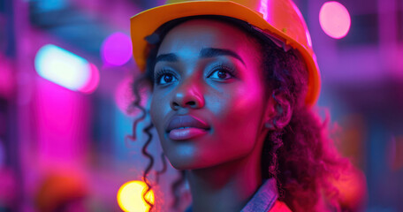 Portrait of a Beautiful Female Engineer in a Yellow Hard Safety Hat extreme closeup. Generative AI