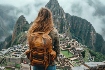 A Woman Traveler with a Backpack on Her Shoulders Looks Down from the Top of a Conquered Mountain extreme closeup. Generative AI