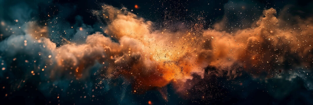 close up of an explosion in space, dark background, dust and smoke, Colorful explosion of dust and particles in blue and orange, creating a vibrant and dynamic scene with contrasting colors and intric