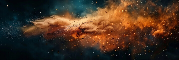 close up of an explosion in space, dark background, dust and smoke, Colorful explosion of dust and particles in blue and orange, creating a vibrant and dynamic scene with contrasting colors and intric