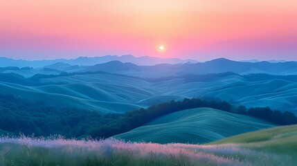 peaceful sunrise over rolling hills in soft liquid hues
