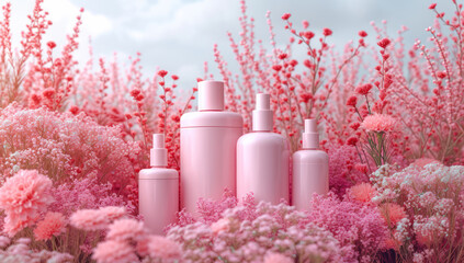 Beauty Product Bottes Mockups in Flower Background extreme closeup. Generative AI