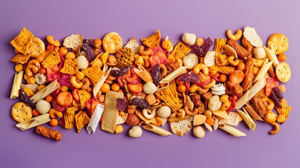 Colorful assortment of various snack foods on a purple background, including nuts, pretzels, and dried fruits. Perfect for food-related projects.