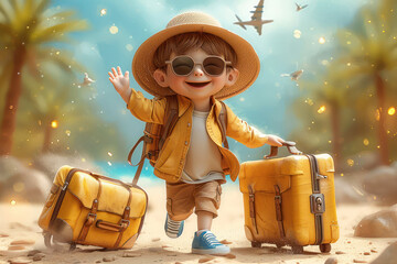 Travel Concept. Fun Cartoon Cute Little Boy Wear Hat and Sun Glasses Pull Travel Suitcase extreme closeup. Generative AI