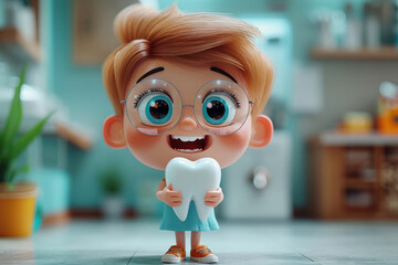 Cartoon Cute Dentist Character with Big White Tooth extreme closeup. Generative AI