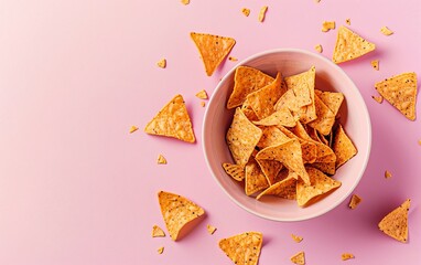 Tasty nacho chips in a white bowl on a pink background. Perfect for snack time, parties, or a fun treat. High-quality food photography.