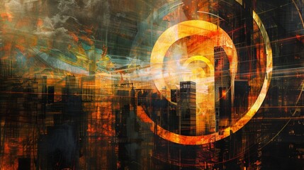 Fototapeta premium Abstract city, black building in the center of the composition has a radiance of light