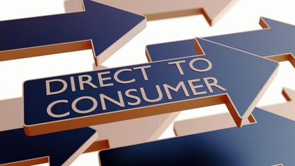 A 3d rendering of the words "direct to consumer" are written in white capital letters on the arrow pointing to the right.