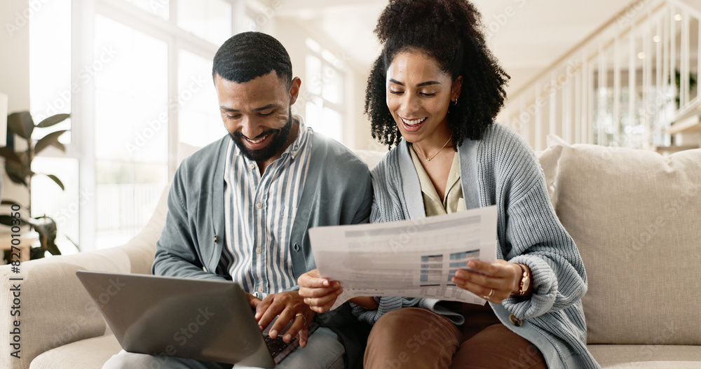 Wall mural couple, man and woman with laptop on sofa for online research and reading blog, with newspaper in ho