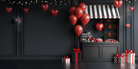 Flying black and red balloons and gift boxes on dark background with copy space Festive composition with presents Black Friday sales banner. 
