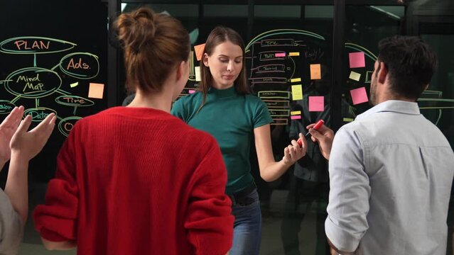 Manager finishes presentation and send marker back to businessman. Businessman receive marker back and start to share idea about start up project while business team clapping hands. Tracery