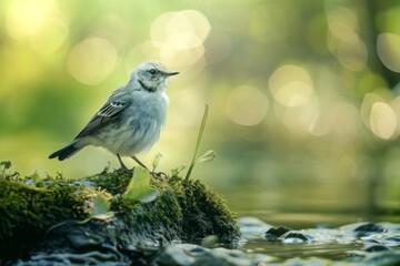 A bird rests on a rock by a stream in a natural landscape - Powered by Adobe