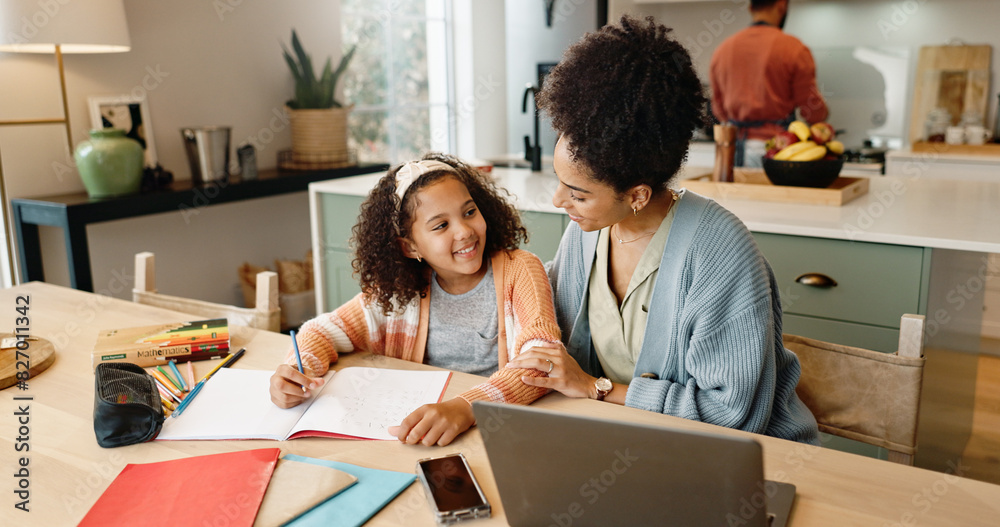 Poster Girl, laptop and question for education, learning and growth for future or knowledge. Mother, student and kitchen for help, studying and support or home school for development or coloring assessment