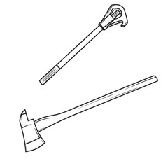 Vector illustration Fire axe and Fire hydrant wrench hand drawn sketch Fireman equipment line art,side view, isolated on white background, For kids coloring book or science illustration.