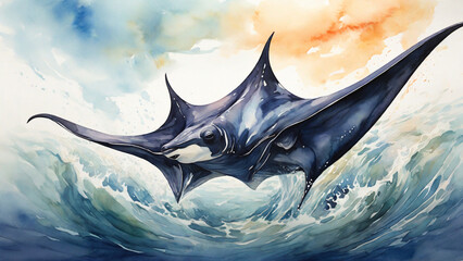 Watercolor painting: A majestic manta ray soaring through the open ocean, its graceful movements...