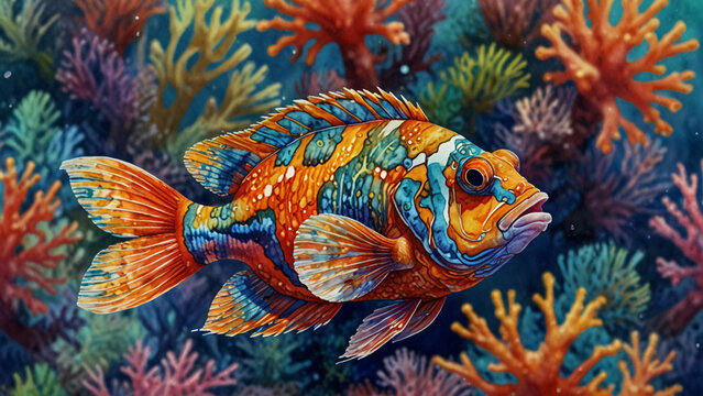 Watercolor painting: A mandarinfish displaying its intricate pattern and vibrant colors, its captivating appearance a testament to the beauty of coral reef species,