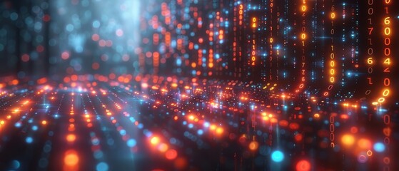 Obraz premium Abstract digital background with glowing blue and orange light dots representing data flow and technology in a futuristic atmosphere