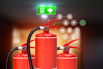 Obraz premium Fire extinguisher with fire protection icons symbol with sprinkler water pipe for prepare fire equipment for prevention in emergency case and safety or rescue and alarm system training concept..