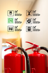 Fire extinguisher with fire protection icons symbol with sprinkler water pipe for prepare fire...