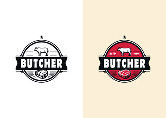 Butcher shop retro labels, badges, emblems, logo. Steak House, Meat shop, butchery. Meat business logo templates. Vector illustration