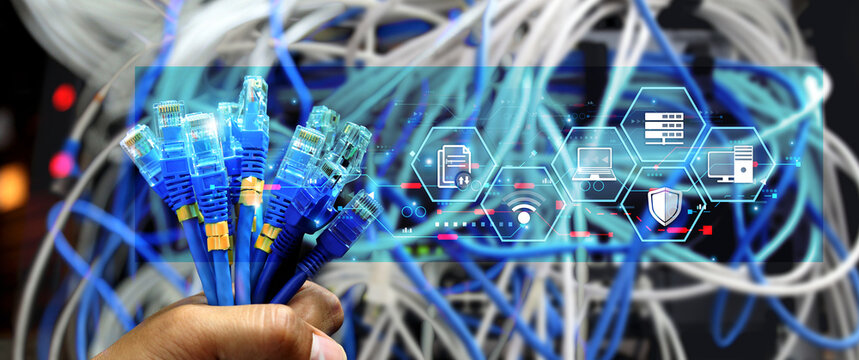 Lots of RJ45 UTP Cat6 LAN internet network cable fiber optic and Ethernet cables with computer data link connect cloud computing server icons for networking devices system switch wifi or hub router.