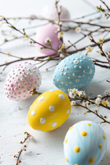 Obraz premium Easter eggs and willow twigs on a white background
