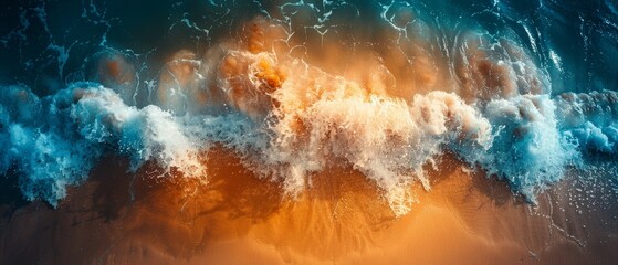 Fototapeta premium A stunning aerial view of waves crashing onto a sandy shore, blending blue ocean water with golden sand.