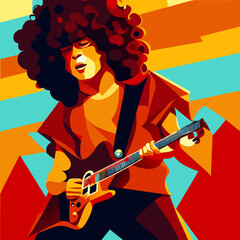 a curly hair young man playing electro guitar on stage, vector illustration flat 2