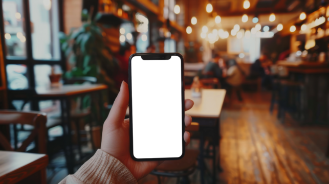 A close-up of a hand holding a smartphone with a blank screen against a cozy coffee shop background