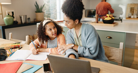 Child, laptop and mom with education, learning and growth for future or knowledge. Mother, student and kitchen for help, studying and support or home school for development or coloring assessment