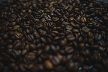 Colorful background with coffee beans in close-up