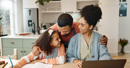 Family, hug and love in home with homework in dining room for remote work, online course and...