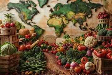 fruits and vegetables with a world map as background, global food supply , food supply , chains