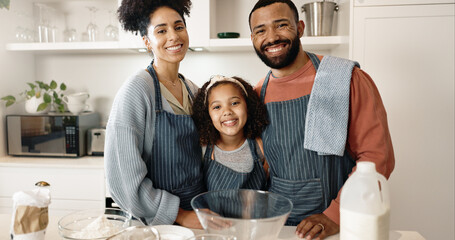 Family, child and baking portrait in home, cooking and learning together with parents in apartment...