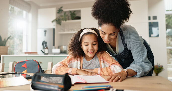 Child, assignment and home for studying, learning and growth for future or knowledge. Mother, student and kitchen for help, education and support or home school for development or coloring assessment