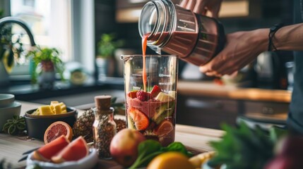 A person making a smoothie, pouring ingredients into a blender on a kitchen counter.