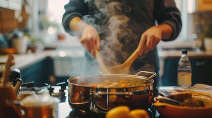 Naklejka premium A person stirring a pot of soup on the stove, with steam rising from the pot.