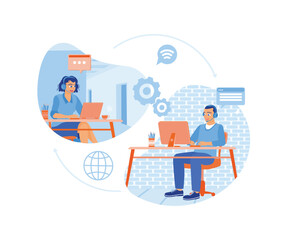 People work in call center. Receive calls from customers. Hotline operator concept. Flat vector illustration.