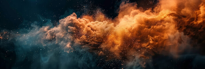 Fototapeta premium close up of an explosion in space, dark background, dust and smoke, Colorful explosion of dust and particles in blue and orange, creating a vibrant and dynamic scene with contrasting colors and intric