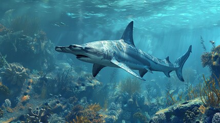 Fototapeta premium A shark is swimming in a coral reef with many fish