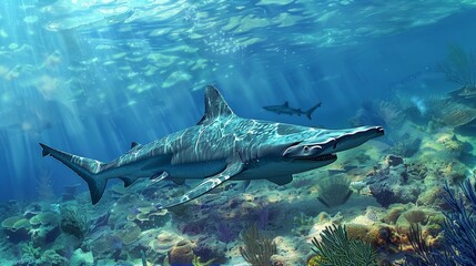 Fototapeta premium A shark is swimming in a coral reef with many fish