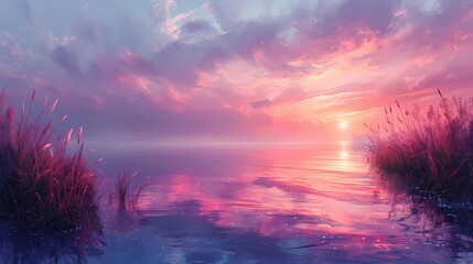 serene lake scene at sunset, with the sky and water painted in soft fluffy hues of pink and lavender