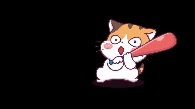 Animated Orange Cat with Baseball Bat | Transparent Background | Video Stock Animation